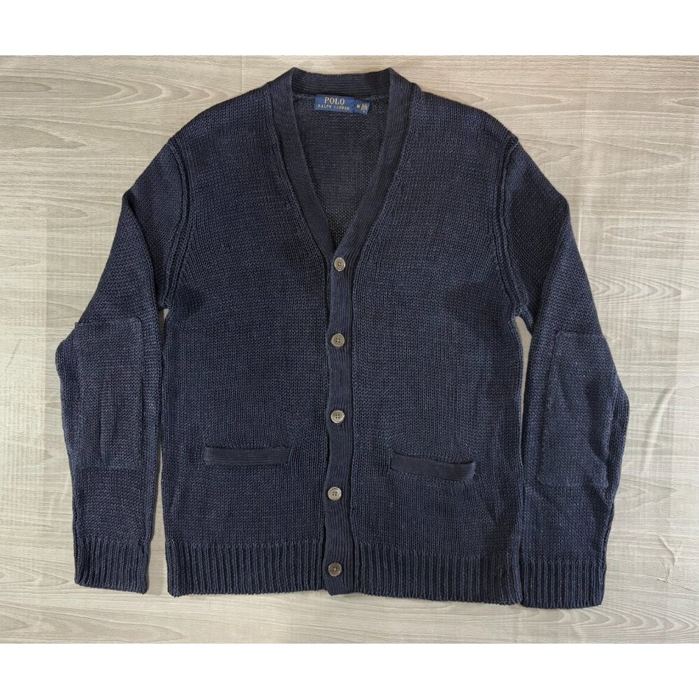 Polo Ralph Lauren 100% Linen Knit elbow patch Cardigan sz M color Navy  NWOT